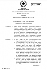 Image of Peraturan Presiden Republik Indonesia No.47 Tahun 2020 Tentang Kementrian Agragia dan Tata Ruang